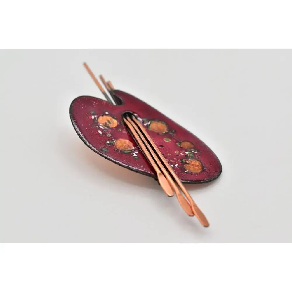 Matisse Renoir Palette Brooch Pin Copper Red Enamel Vintage Signed 1950s BinBG